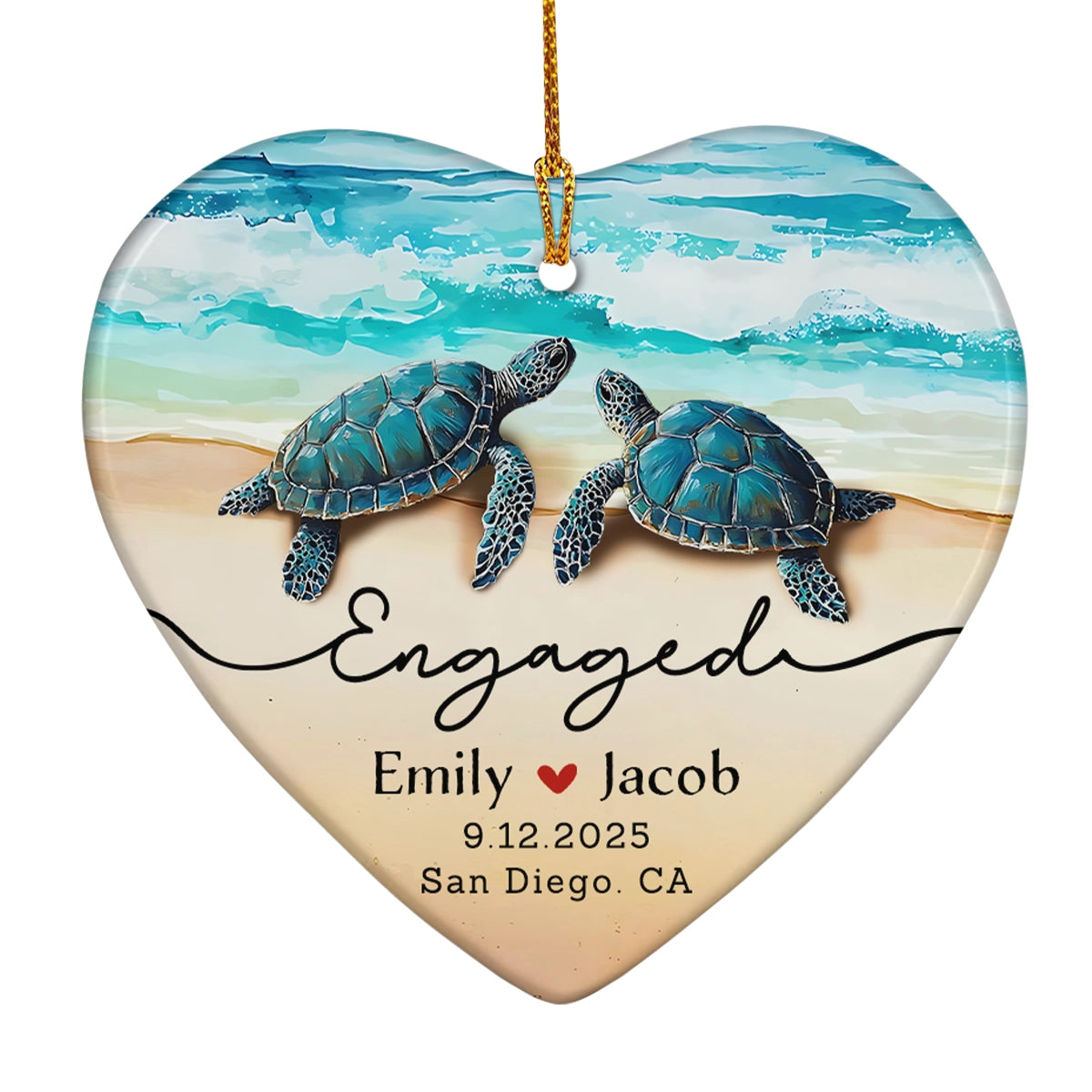 Engagement Gift - Sea Turtle Couple - Personalized Ceramic Heart Ornament-mk3