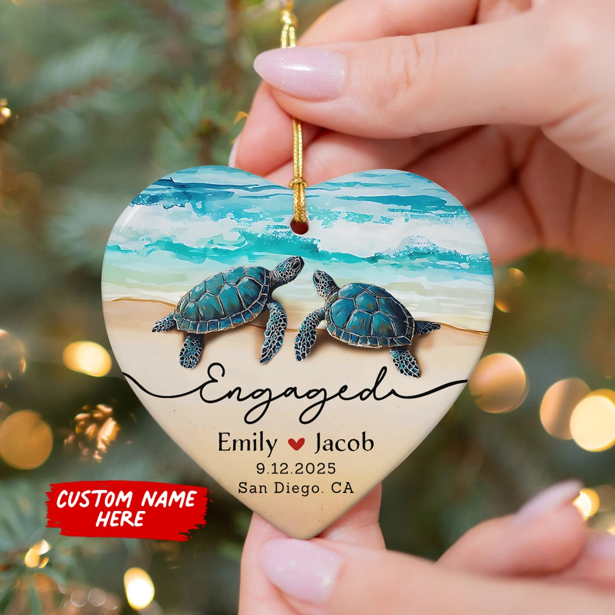 Engagement Gift - Sea Turtle Couple - Personalized Ceramic Heart Ornament-mk2