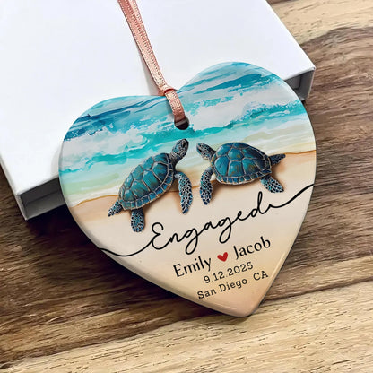 Engagement Gift - Sea Turtle Couple - Personalized Ceramic Heart Ornament-mk4