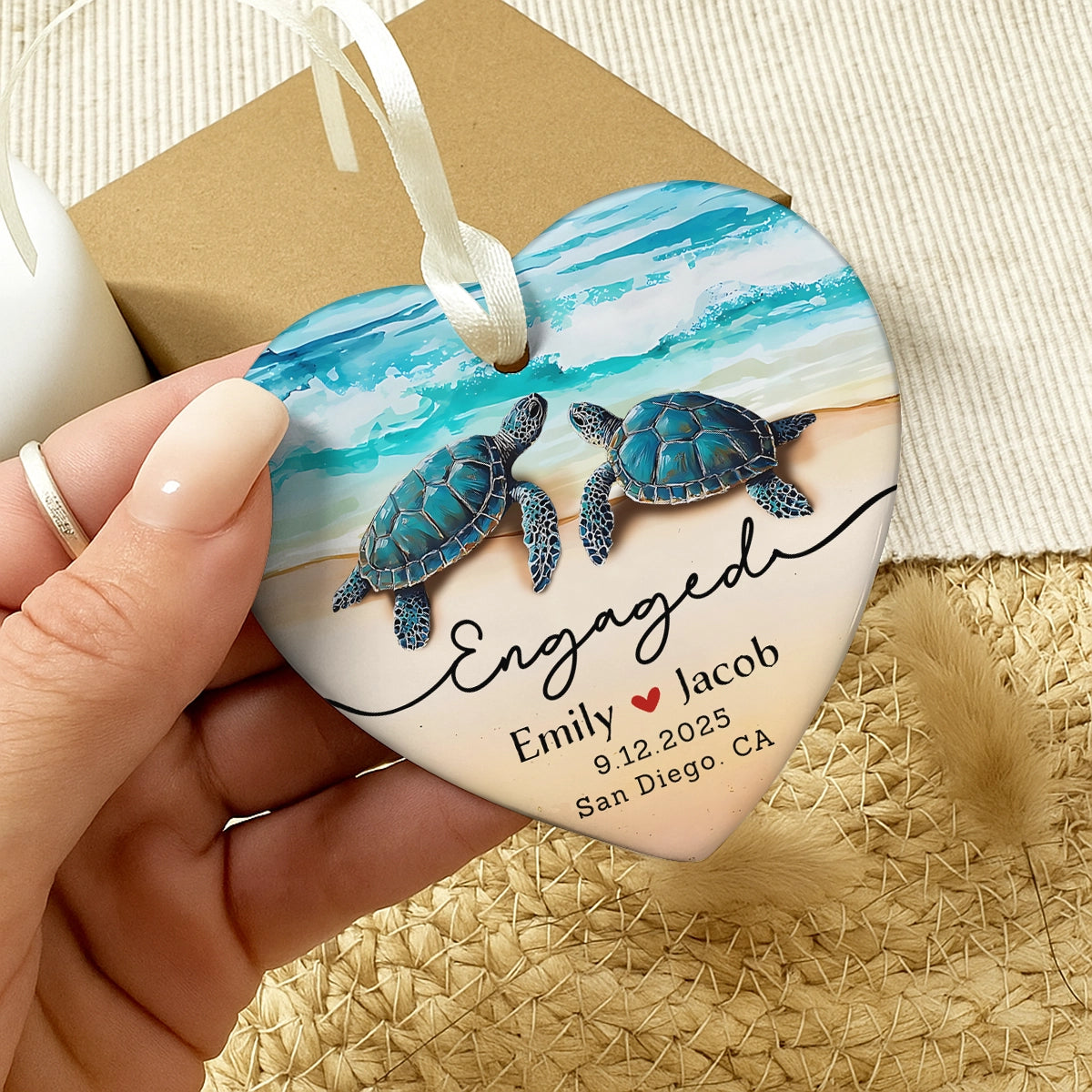 Engagement Gift - Sea Turtle Couple - Personalized Ceramic Heart Ornament-mk5