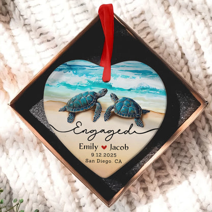 Engagement Gift - Sea Turtle Couple - Personalized Ceramic Heart Ornament-mk6