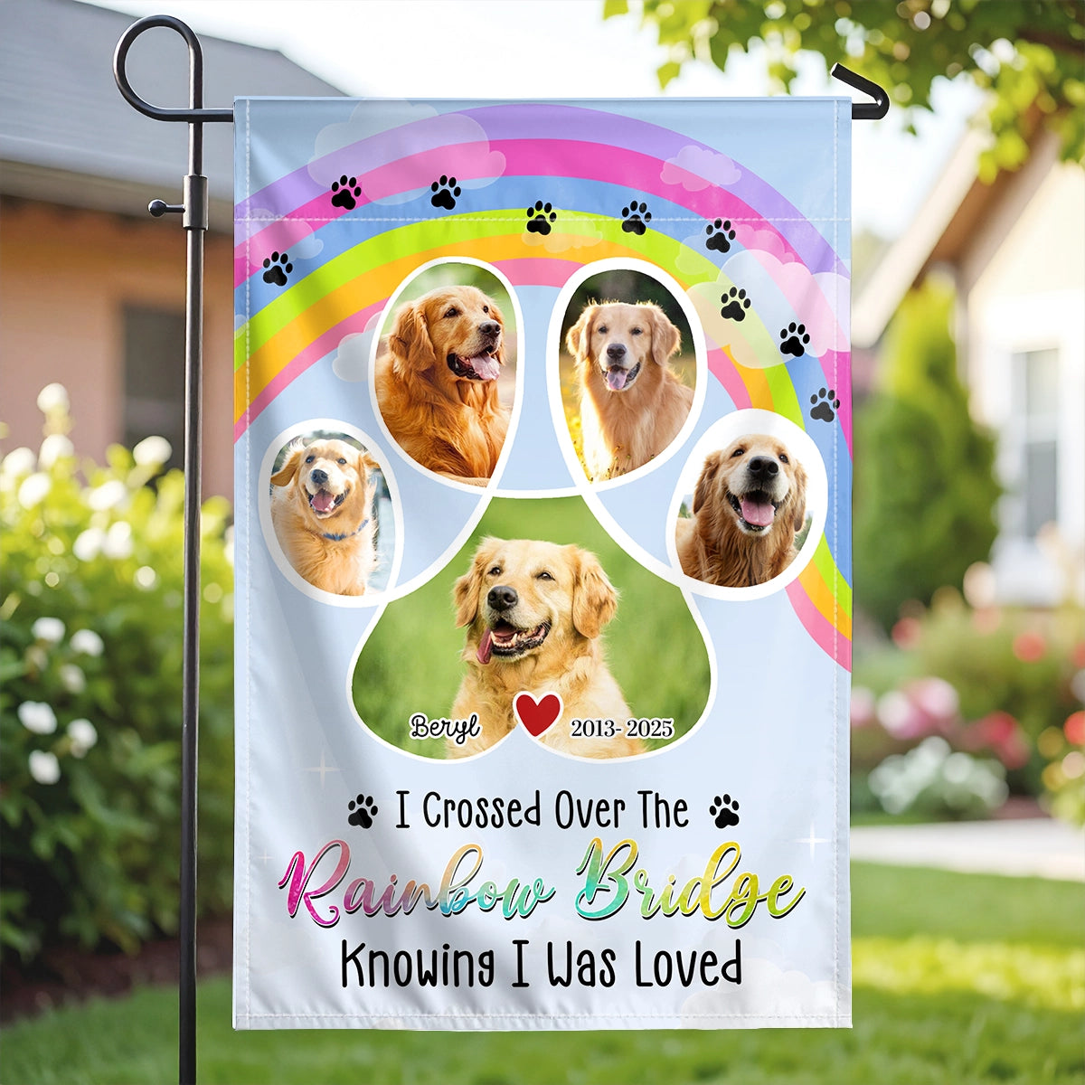 I Crossed Over The Rainbow Bridge Knowing I Was Loved - Custom Photo Pet Memorial Gift - Personalized Flag