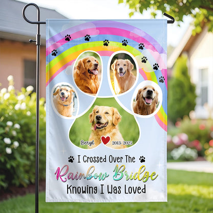 I Crossed Over The Rainbow Bridge Knowing I Was Loved - Custom Photo Pet Memorial Gift - Personalized Flag