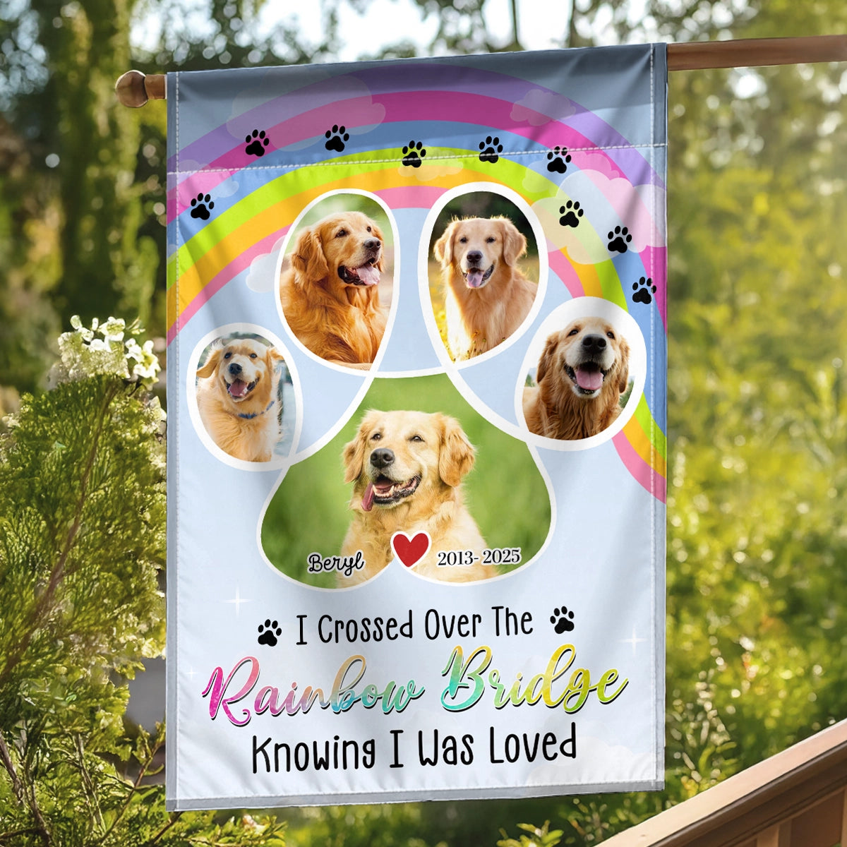 I Crossed Over The Rainbow Bridge Knowing I Was Loved - Custom Photo Pet Memorial Gift - Personalized Flag