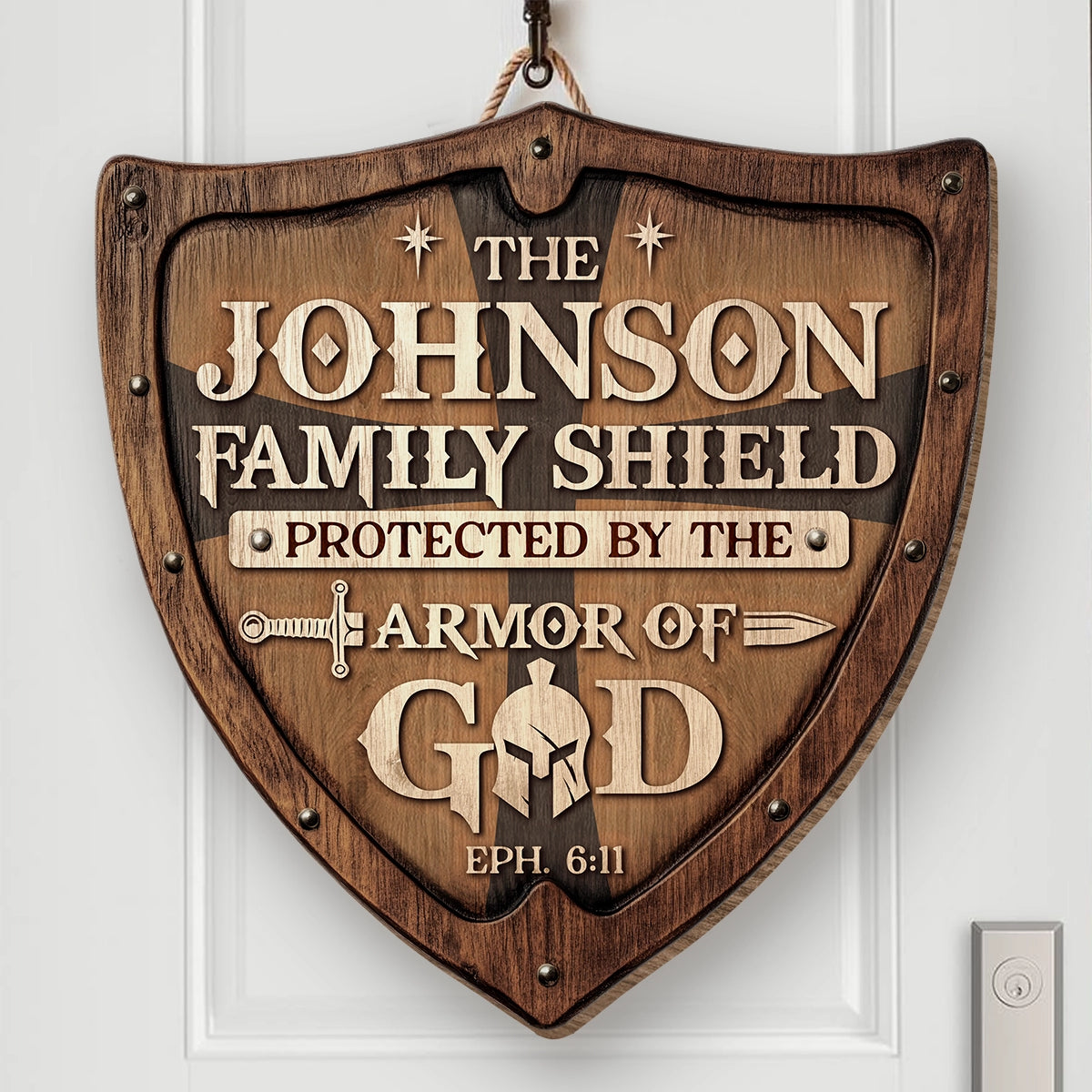 Family Shield Wall Decor - Protected By The Armor of God - Christian Home Sign - Personalized Shaped Wood Sign web2