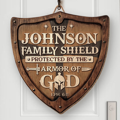 Family Shield Wall Decor - Protected By The Armor of God - Christian Home Sign - Personalized Shaped Wood Sign web2