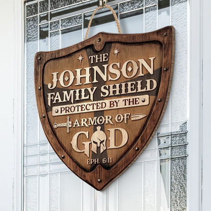 Family Shield Wall Decor - Protected By The Armor of God - Christian Home Sign - Personalized Shaped Wood Sign web3