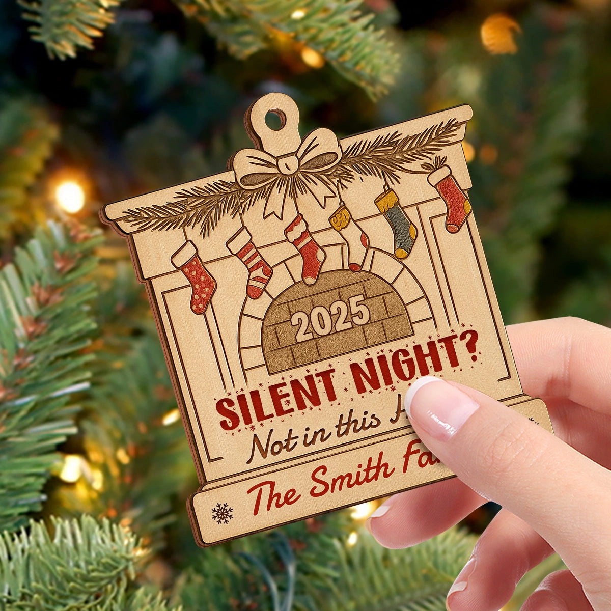 Fireplace Decoration - Silent Night? Not in This House - Personalized Double-Sided Wooden Christmas Ornament Web2