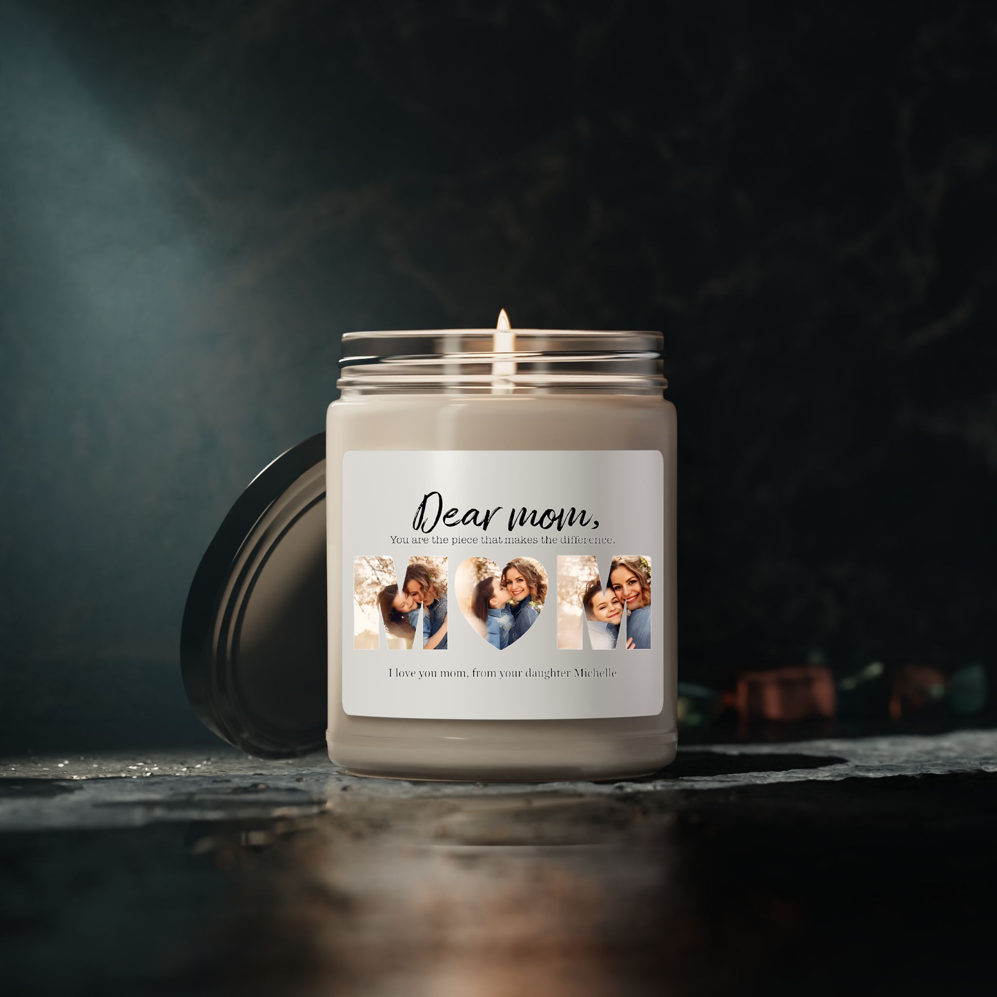Dear Mom, You Are The Piece That Makes The Difference - Personalized Photo Montage (Heart shape) 100% Organic, Eco-friendly, Vegan Scented Candle