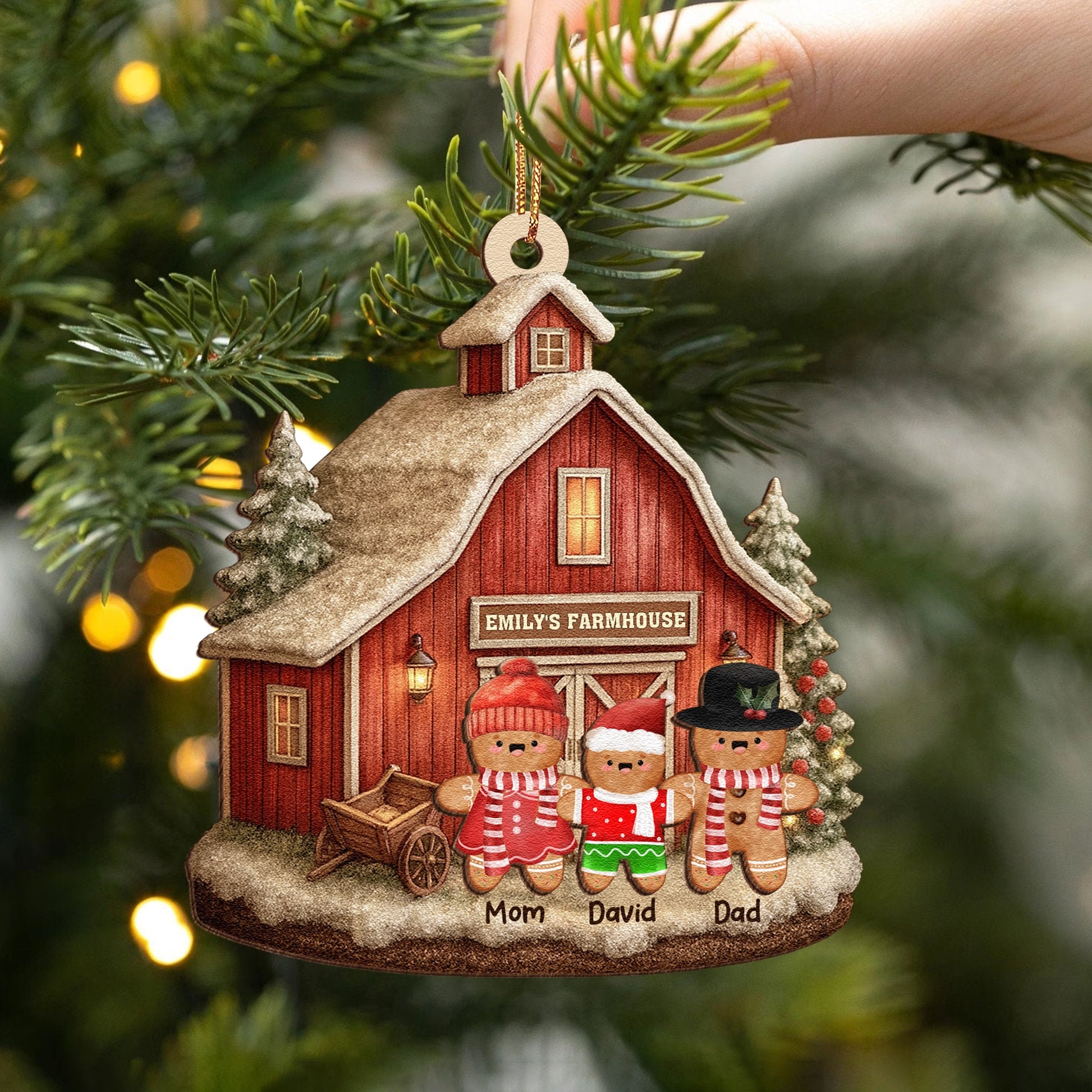 Gingerbread Family Christmas - Personalized  2-Layer Wooden Ornament - Farmhouse Barn Ornament, Rustic Holiday Tree Decoration UWOCPD-HH30-TT33-web1