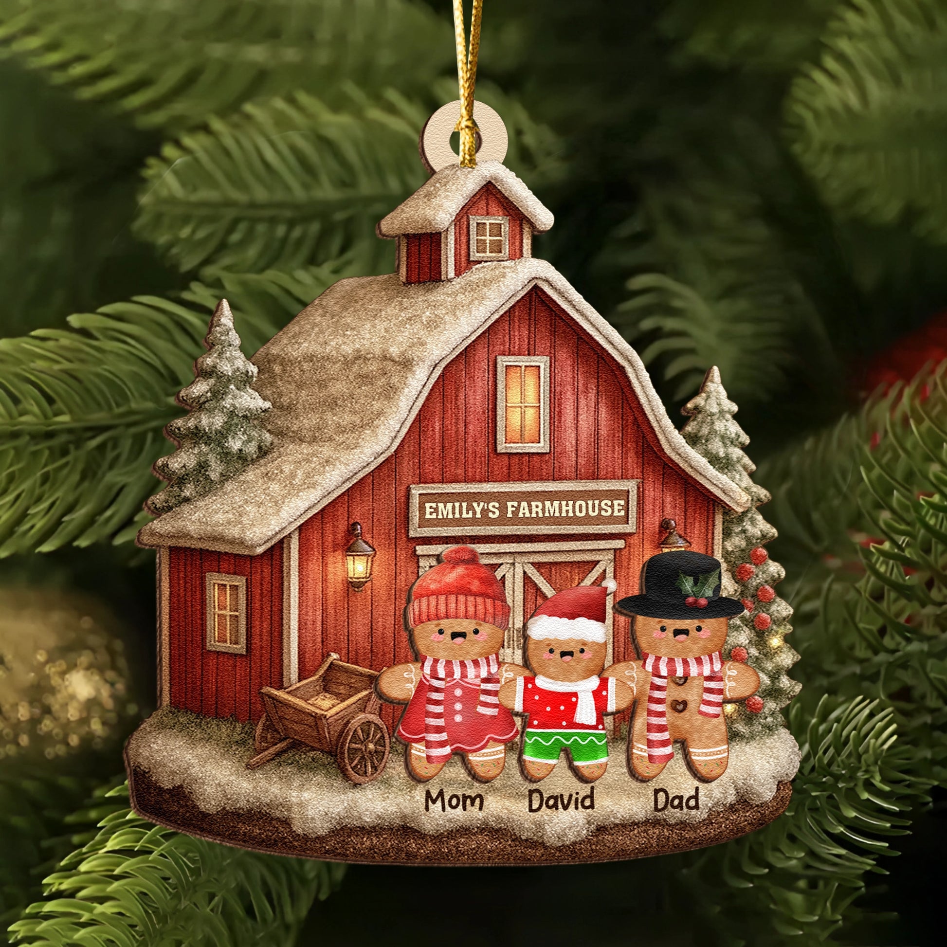 Gingerbread Family Christmas - Personalized  2-Layer Wooden Ornament - Farmhouse Barn Ornament, Rustic Holiday Tree Decoration UWOCPD-HH30-TT33-web2
