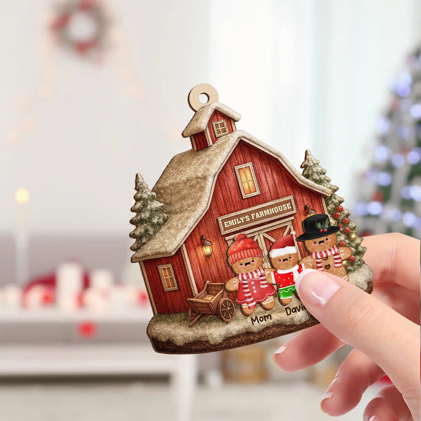 Gingerbread Family Christmas - Personalized  2-Layer Wooden Ornament - Farmhouse Barn Ornament, Rustic Holiday Tree Decoration UWOCPD-HH30-TT33-web3