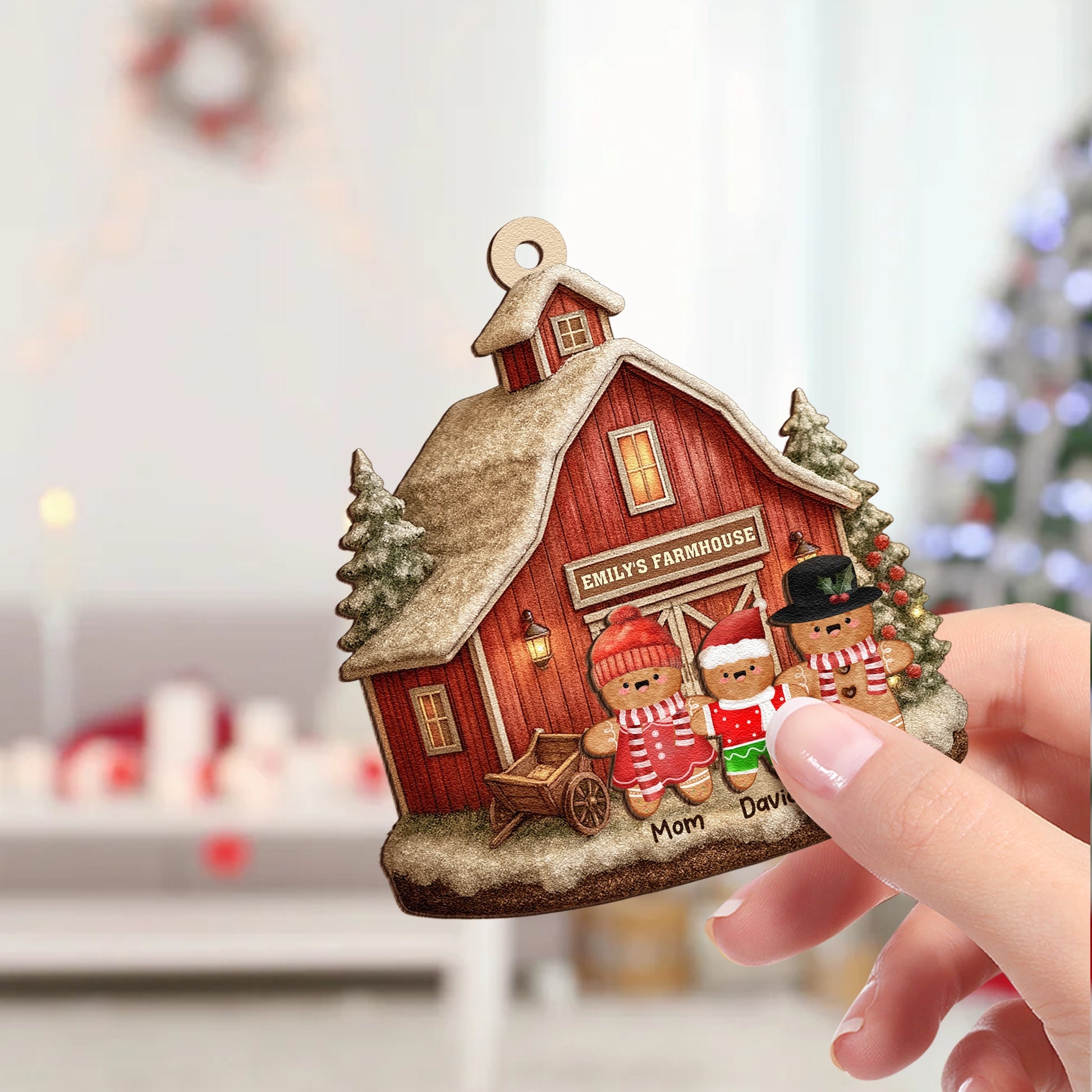 Gingerbread Family Christmas - Personalized  2-Layer Wooden Ornament - Farmhouse Barn Ornament, Rustic Holiday Tree Decoration UWOCPD-HH30-TT33-web3