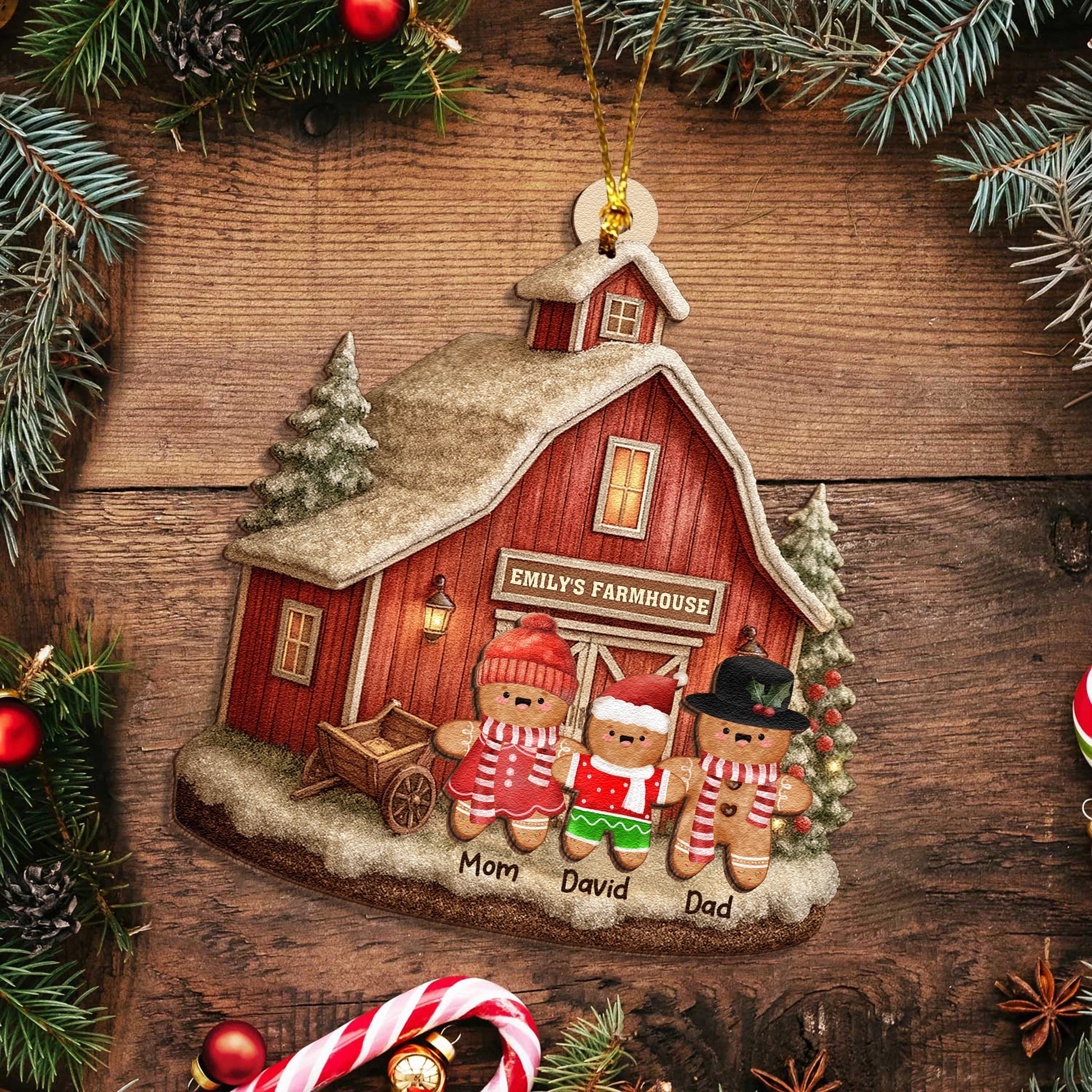 Gingerbread Family Christmas - Personalized  2-Layer Wooden Ornament - Farmhouse Barn Ornament, Rustic Holiday Tree Decoration UWOCPD-HH30-TT33-web4