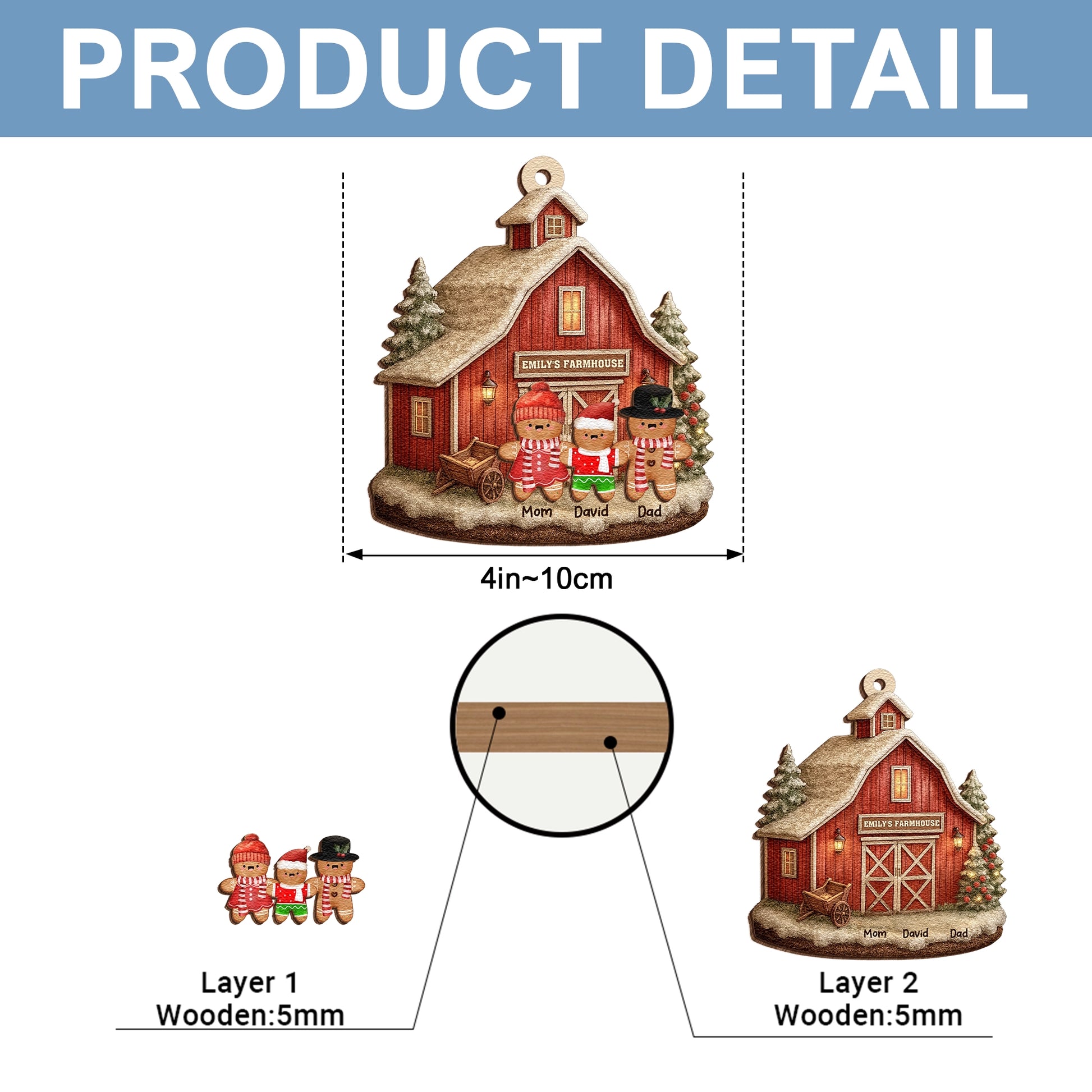 Gingerbread Family Christmas - Personalized  2-Layer Wooden Ornament - Farmhouse Barn Ornament, Rustic Holiday Tree Decoration UWOCPD-HH30-TT33-web5