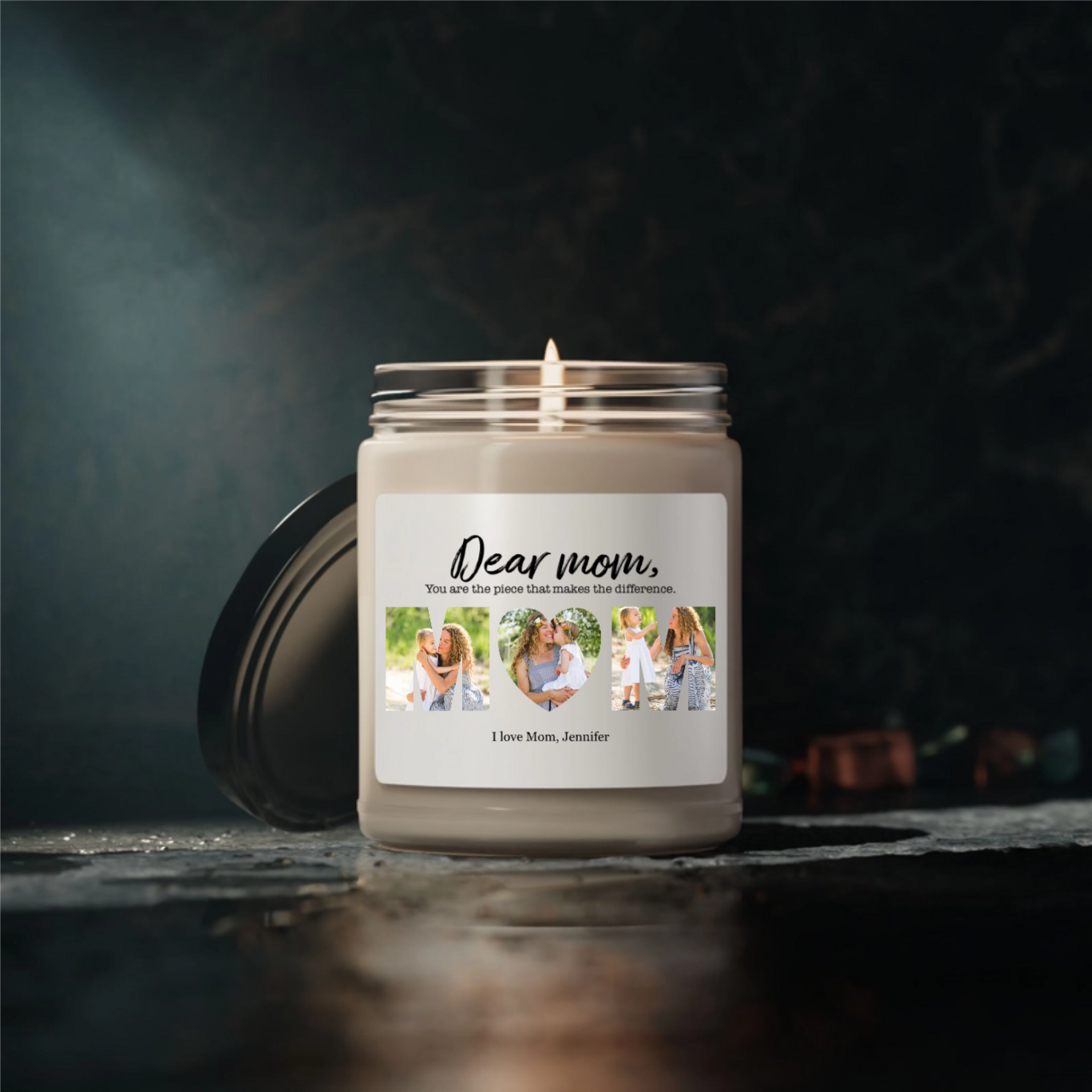 Dear Mom, You Are The Piece That Makes The Difference - Personalized Photo Montage (Heart shape) 100% Organic, Eco-friendly, Vegan Scented Candle