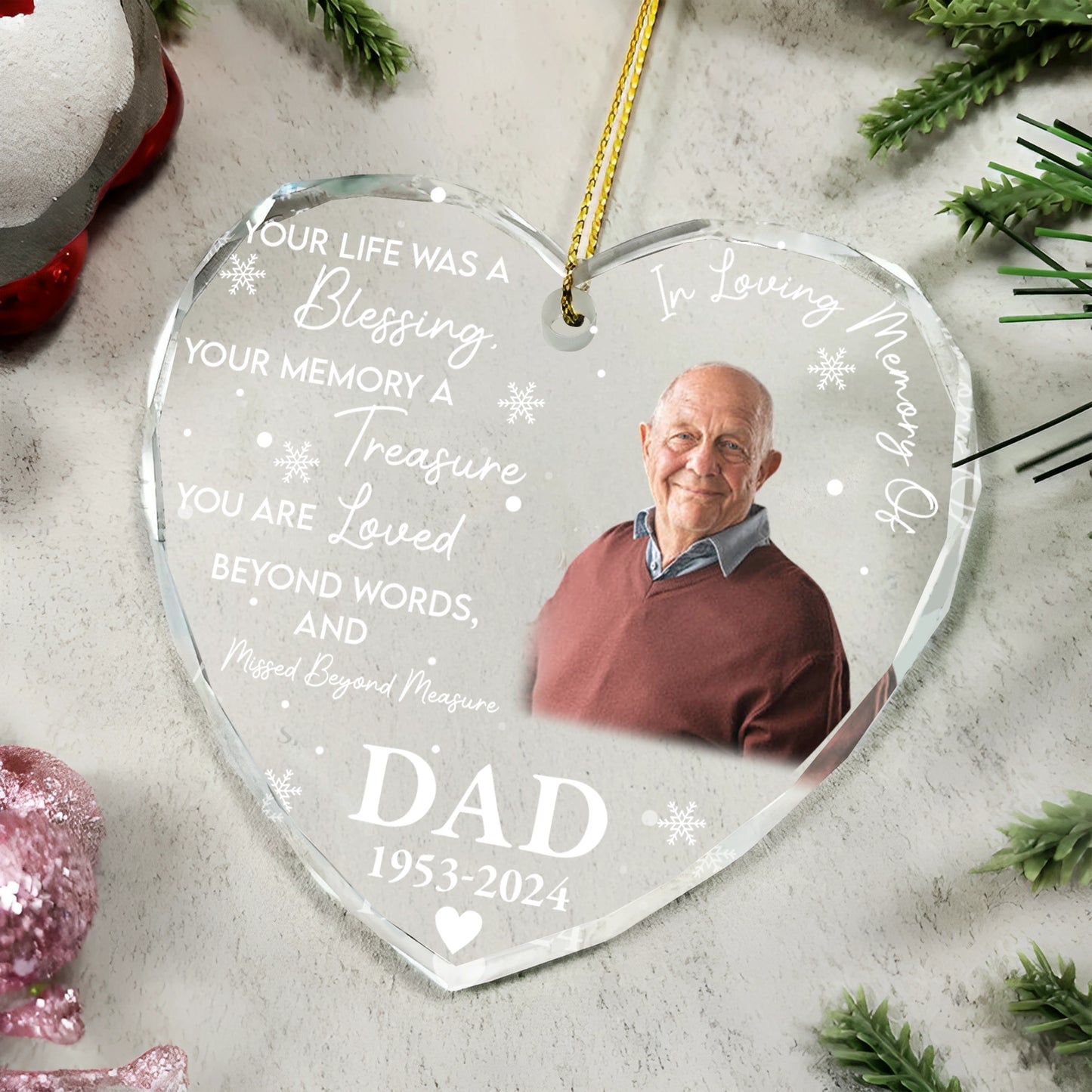 Your Life Was A Blessing, Your Memory A Treasure - Custom Photo Memorial Gift - Personalized Heart Glass Ornament