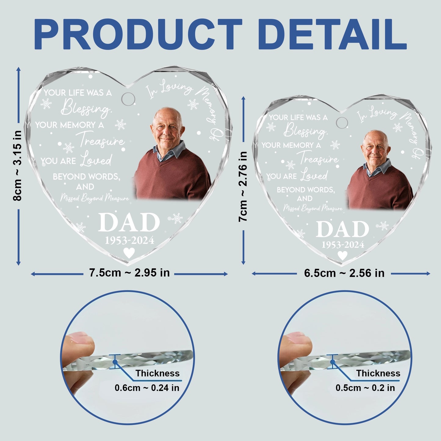 Your Life Was A Blessing, Your Memory A Treasure - Custom Photo Memorial Gift - Personalized Heart Glass Ornament