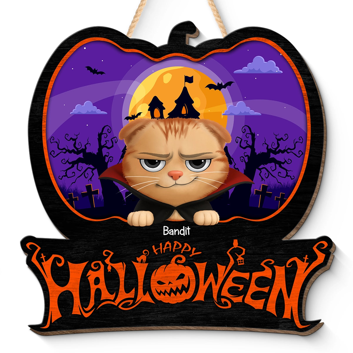 Happy Halloween - Funny Cat Family - Personalized Custom Shaped Wood Sign