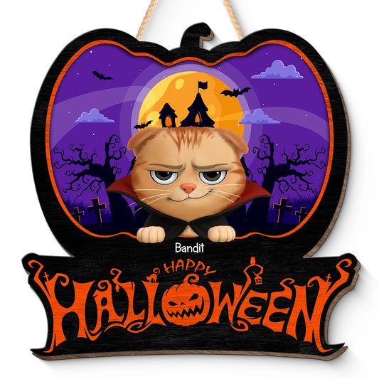 Happy Halloween - Funny Cat Family - Personalized Custom Shaped Wood Sign