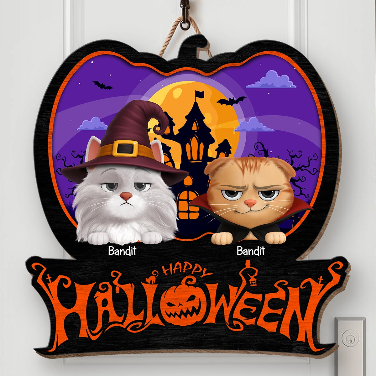 Happy Halloween - Funny Cat Family - Personalized Custom Shaped Wood Sign