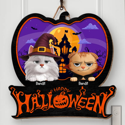 Happy Halloween - Funny Cat Family - Personalized Custom Shaped Wood Sign