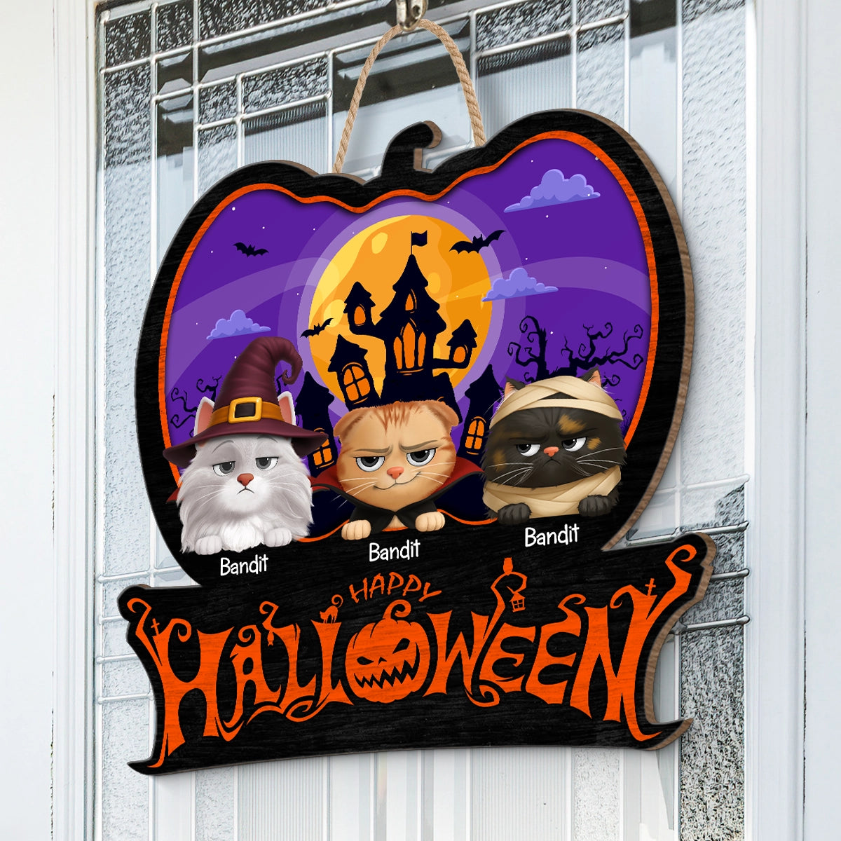 Happy Halloween - Funny Cat Family - Personalized Custom Shaped Wood Sign