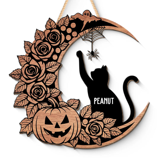 Cat Moon - Halloween Gothic Style - Personalized Custom Shaped Wood Sign