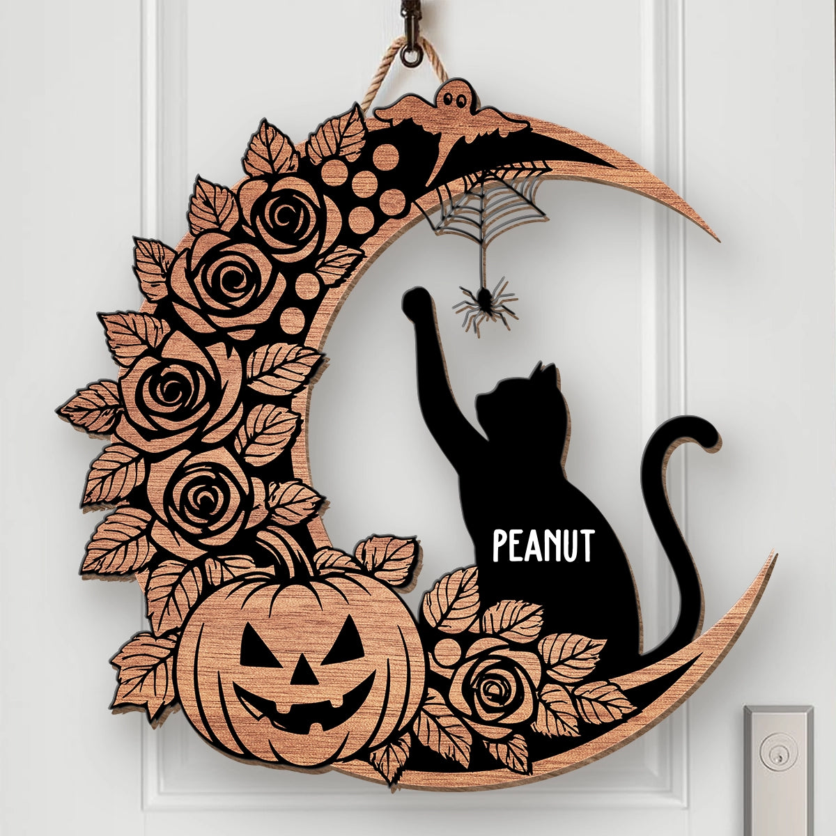 Cat Moon - Halloween Gothic Style - Personalized Custom Shaped Wood Sign