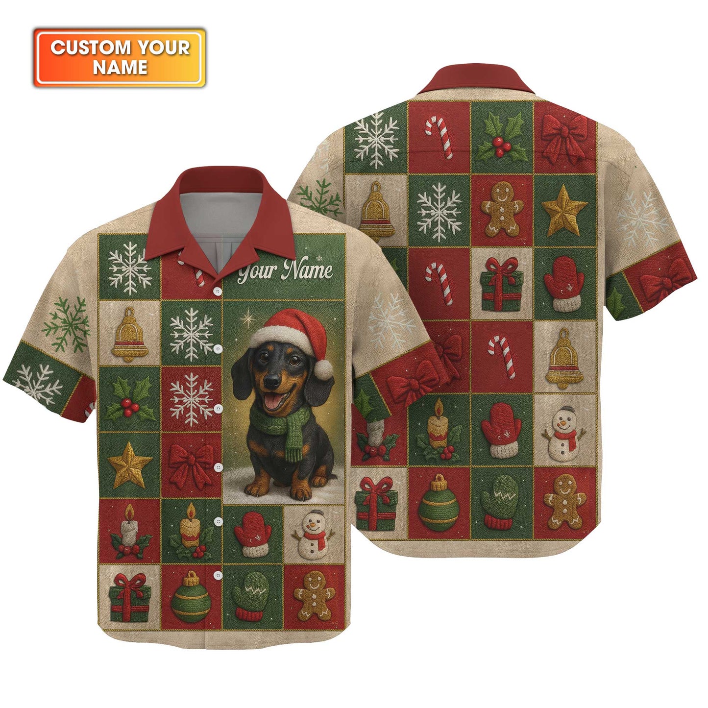 Personalized Name Wiener Dog T Shirt, Dachshund Sweatshirt, Happy Christmas Dachshund Pattern Polo