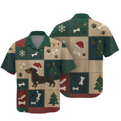 Dachshund Christmas Shirt With Santa Hat And Patchwork Design, Wiener Dog Holiday Shirt, Festive Dog Lover Tee