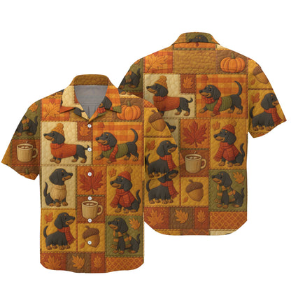 Pattern Polos For Autumn Vibes, Dachshund Shirt With Pumpkins And Coffee, Winter Dog Shirts, T Shirts For Dachshunds