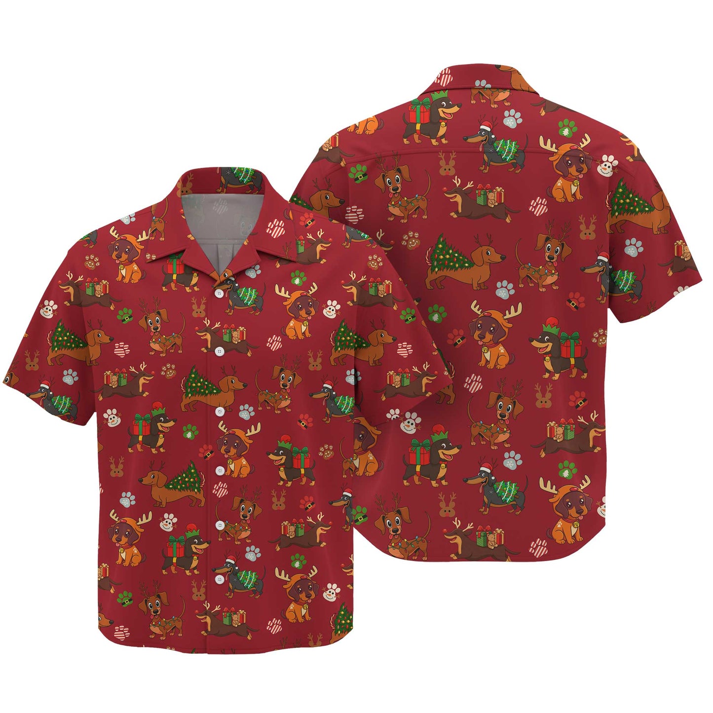 Red Holiday Cute Xmas With Reindeer Dachshund And Gift Pattern Polo, Christmas Dachshund Shirt, Wiener Dog T Shirt