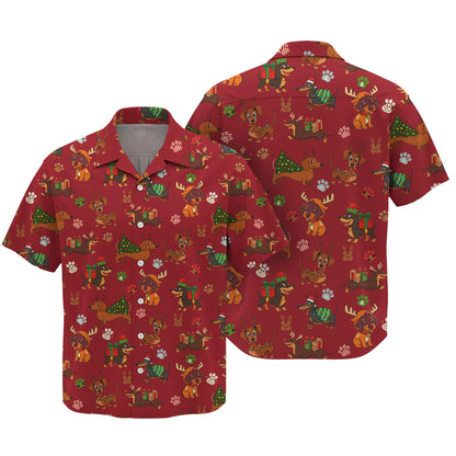 Red Holiday Cute Xmas With Reindeer Dachshund And Gift Pattern Polo, Christmas Dachshund Shirt, Wiener Dog T Shirt