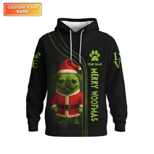Custom Name Pug Christmas Shirt, Funny Merry Woofmas Shirt, Personalized Pug Xmas Hoodie For Dog Lover,