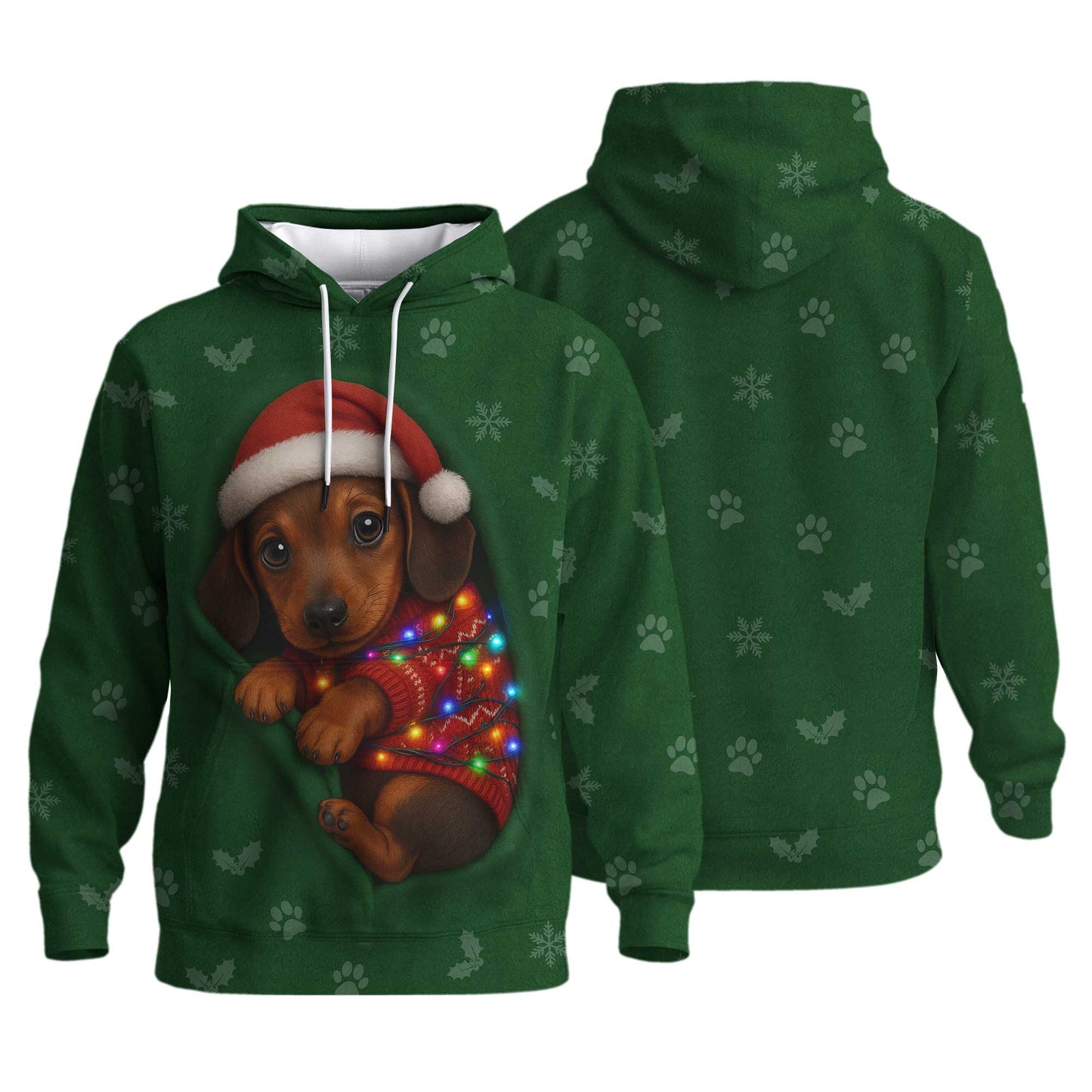 Christmas Dachshund Shirt, Funny Weiner Dog Shirts, Pattern Polos For Spooky Season - Cute Puppy In Santa Hat & Lights