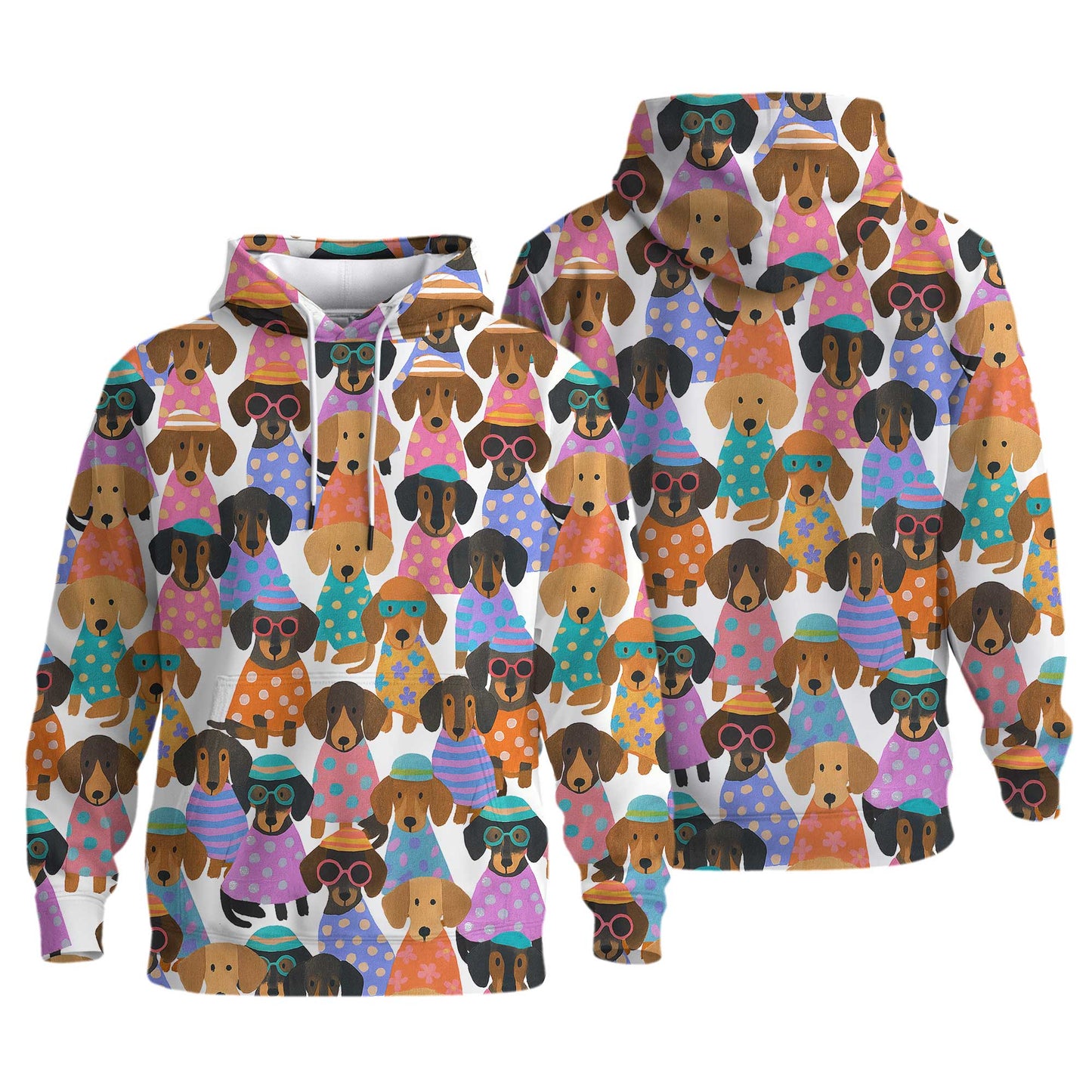 Happy Funny Colorful Dachshund Pattern Polo, Wiener Dog T Shirt, Dachshund Sweatshirt