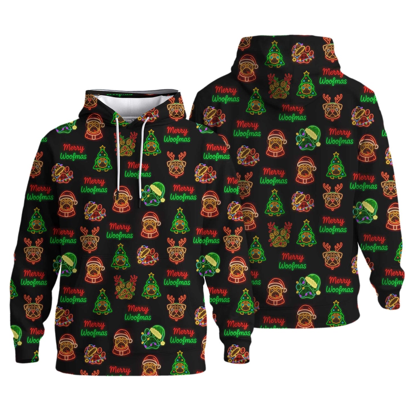 Neon Merry Woofmas Pug Christmas Pattern Polo, Funny Pug Shirt, Pug T Shirt