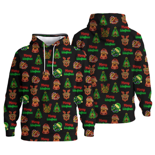 Neon Merry Woofmas Pug Hoodie, Pug Christmas Pattern Polo, Funny Pug Shirt, Pug T Shirt