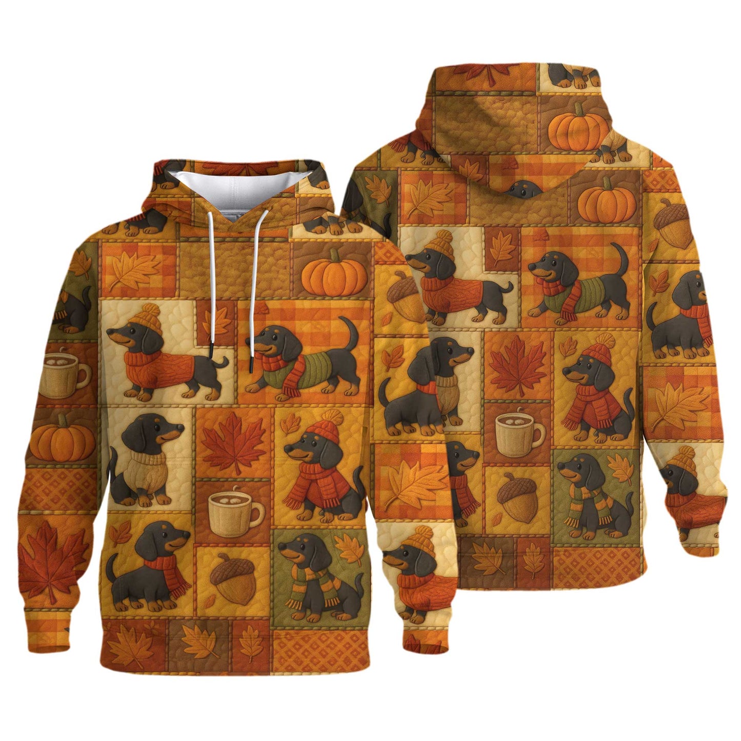 Pattern Polos For Autumn Vibes, Dachshund Shirt With Pumpkins And Coffee, Winter Dog Shirts, T Shirts For Dachshunds
