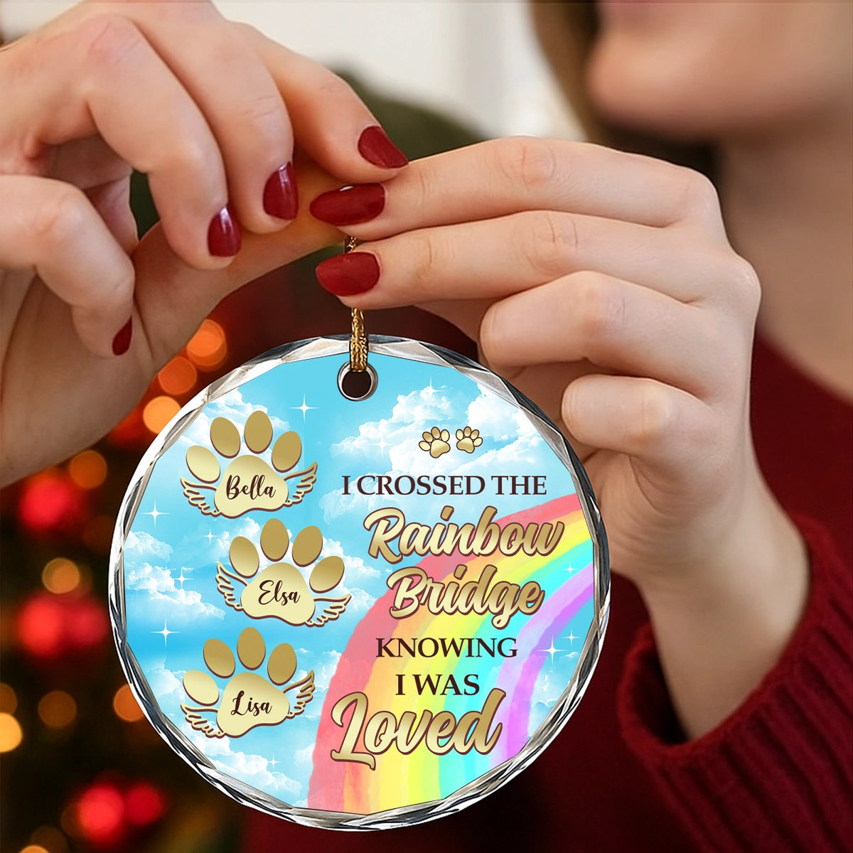 I Crossed the Rainbow Bridge Knowing I Was Loved – Personalized Pet Memorial Christmas Ornament With Paw Prints And Names RO-NN17-VK02 mkweb3