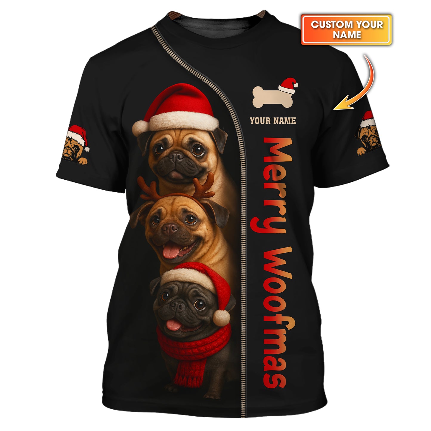 Personalized Merry Woofmas Shirt, Funny Pug Xmas Hoodie For Dog Lover, Custom Name Pug Christmas Shirt