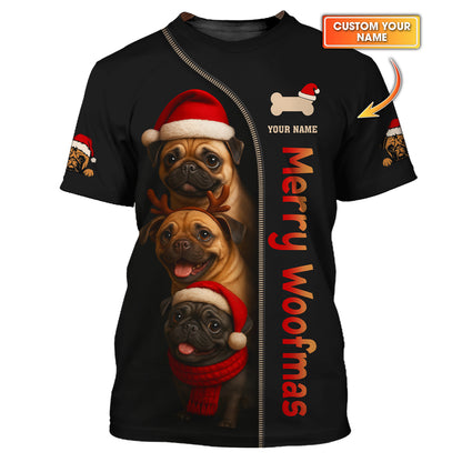 Personalized Merry Woofmas Shirt, Funny Pug Xmas Hoodie For Dog Lover, Custom Name Pug Christmas Shirt