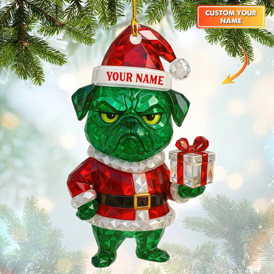 Personalized Green Pug Christmas Ornament, Funny Custom Name Santa Dog Decoration, Cute Holiday Gift for Pug Lovers