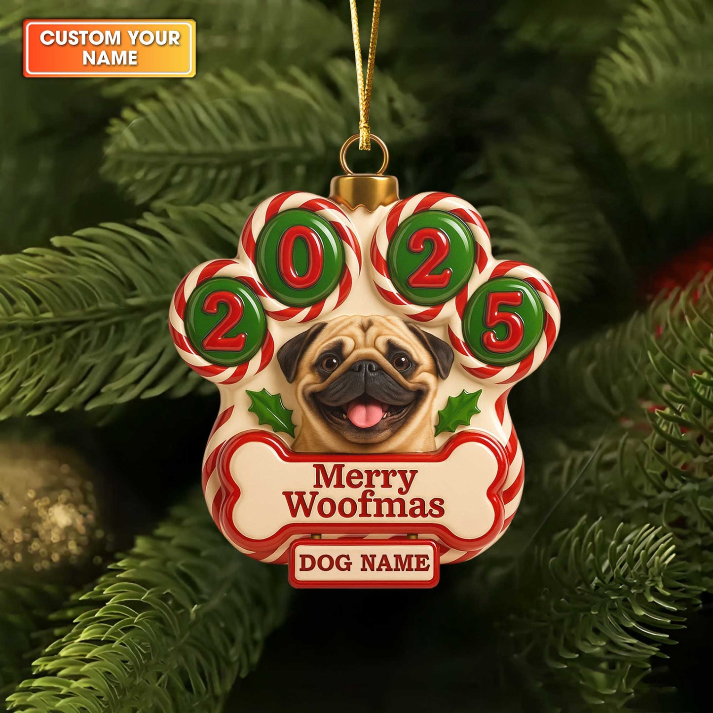Personalized Dog Paw Christmas Ornament 2025, Custom Name Dogs Ornament, Merry Woofmas Ornament For Dog Lovers