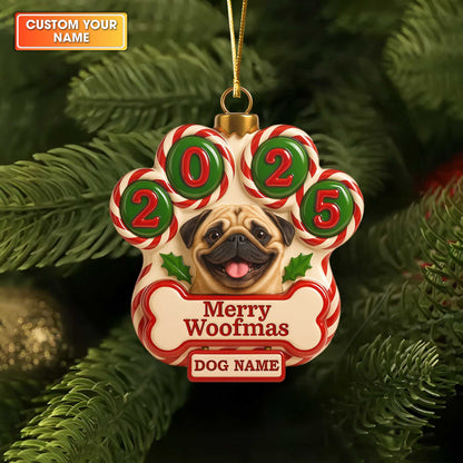Personalized Dog Paw Christmas Ornament 2025, Custom Name Dogs Ornament, Merry Woofmas Ornament For Dog Lovers