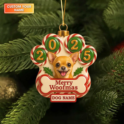 Personalized Dog Paw Christmas Ornament 2025, Custom Name Dogs Ornament, Merry Woofmas Ornament For Dog Lovers