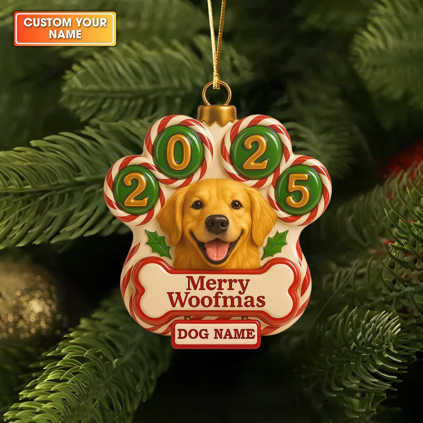 Personalized Dog Paw Christmas Ornament 2025, Custom Name Dogs Ornament, Merry Woofmas Ornament For Dog Lovers