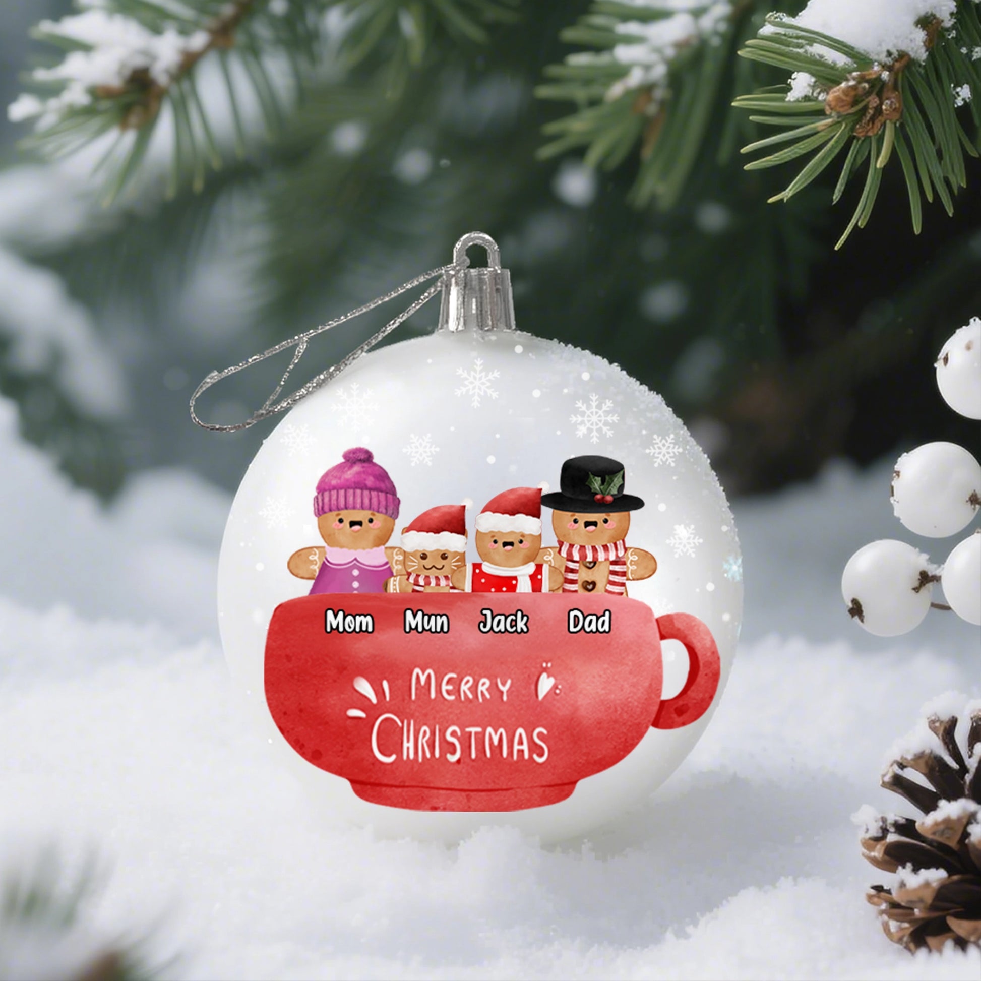 Merry Christmas - Personalized Plastic Round Ball Ornament - Custom Gingerbread Mug Design PO-KL45-HN14080806-web2
