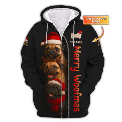 Personalized Merry Woofmas Shirt, Funny Pug Xmas Hoodie For Dog Lover, Custom Name Pug Christmas Shirt